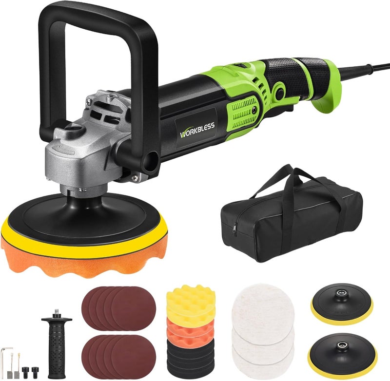 WorkBless Buffer Polisher, 1600W 6"/7" Rotary Car Polisher with 7-Speed(1600-3500 RPM), Car Buffers and Polishers Kit for Cars, Boats, Floors, Furniture - Image 1
